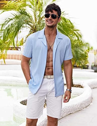 Коофанди машки постелнина кошули со кратки ракави, случајно копче надолу кошула за мажи модна летна кошула на плажа