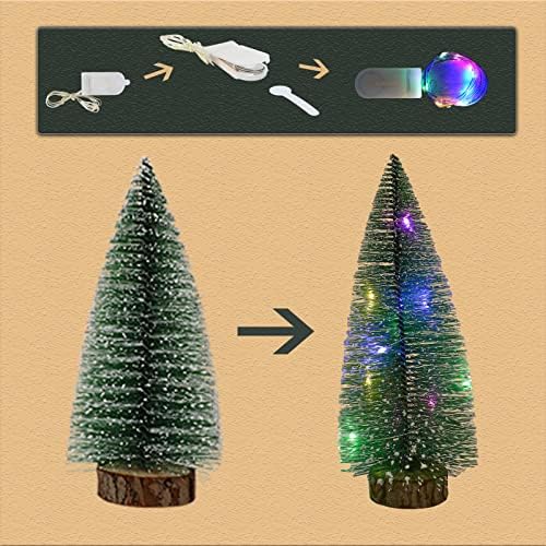 Мини шише четки дрвја, мини вештачки новогодишни елки поставени со LED светло зимски снежни украси таблети дрвја со дрвени основи за