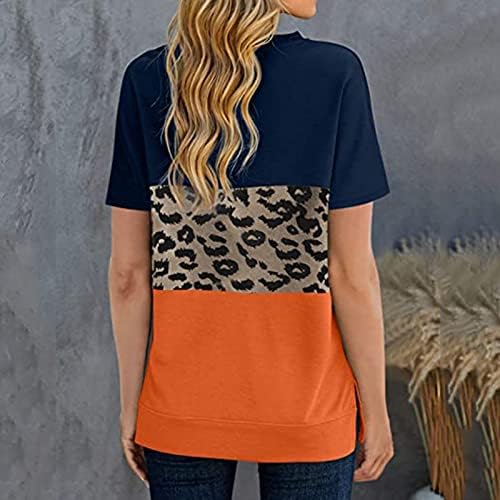 Летни женски бои блок маици екипаж Туника Туника врвови леопард контраст кошули странични отпадоци пулвер фустан, каузални блузи