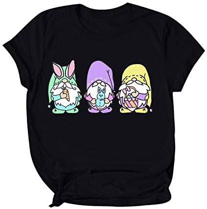 Смешна велигденска кошула жени слатки гноми зајаче јајца печатени маици лабави вклопени тркалезни врат кратки ракави за одмор