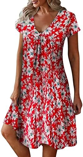 Без грб летен фустан женски мода тип v врат краток ракав цветни цвеќиња цветни летни фустани за