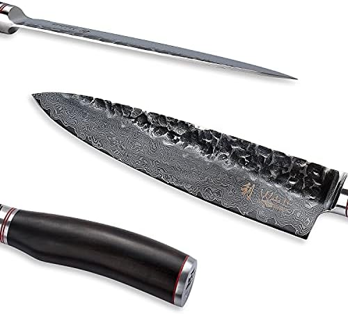 Ваколи Дамаскус готвач нож сечило 7,7 -инчи - Екстремно остар професионален кујнски нож со сечилото на Дамаск и црна рачка од дрво Пака,