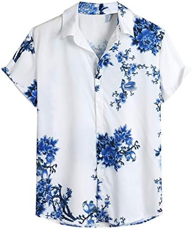 Мажи летни тенок лабава лабава лабава хавајски кошули со кратки ракави печатени копче за вртење на јака надолу од маици врвови блузи