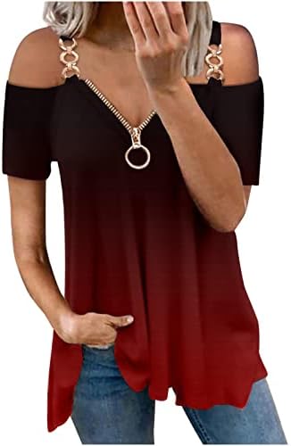 Женски врвови модни кратки ракави секси ладни кошули со ладно рамо, обична маица, лабава вклопена омбре тунична патент v-врата блузи