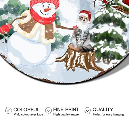 Божиќен црвен камион знак за зимска сцена Снежан мачка со Дедо Мраз, тркалезен метален лимен знак, затворен божиќен wallид украси Рустикален