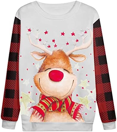 Божиќна забава Xiloccer Најдобри за женски женски божиќни карирани карирани печатени ракави за џемпери шема за џемпер со долги ракави убаво