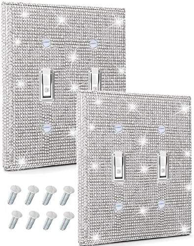 2 пакувања сребрени сјајни ригистони 2-банда wallидни плочи, декор со двојно вклучување на светло за преклопување, кристално декоративни капаци