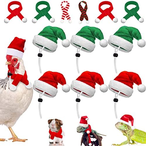 Пилешко Божиќна облека постави мало животно мини санта шал шал сет Клаус капа прилагодлива лента за брада, симпатична декоративна за кокошка патка