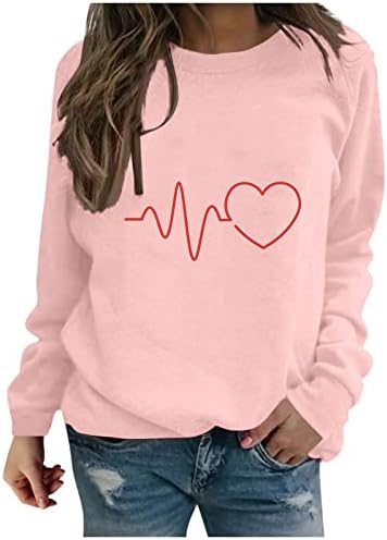 Женски џемпер срце графички екипаж на екипажот џемпери за џемпери, цветни печатени врвови жени, симпатични градиент кошули со