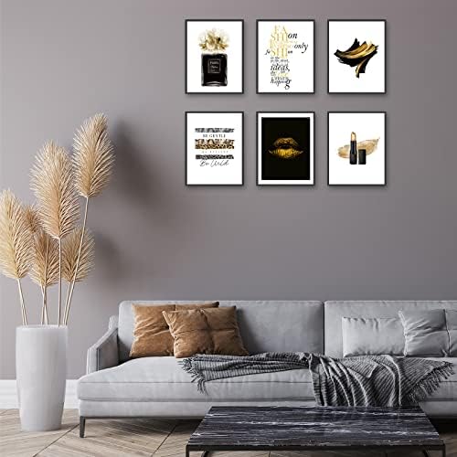 Hoozgee прекрасна wallидна уметност отпечатоци црно злато модна уметност печати просторија декор глам златни усни цветни кармини парфем шише уметност