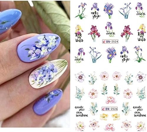 Цветни нокти налепници за уметност пролетно лето пренесување на вода налепници за нокти Орхидеи остава лале роза пеперутка