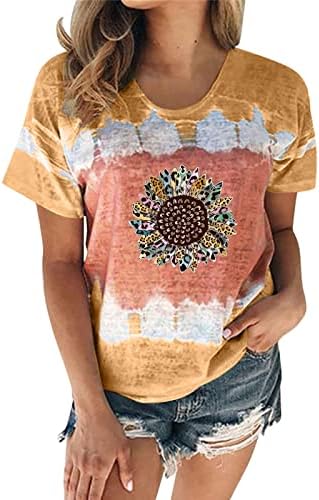 Xiloccer женски маички преголеми кошули женски обични модни цвеќиња од вратот вратоврски за печатење кратка маица за ракави