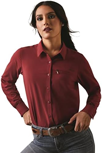 Ariatенски женски венттек истегнат долг ракав копче за калинка надолу со кошула црвена xl
