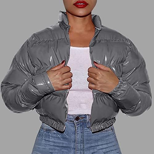 IQKA Women Men Camo Down јакна Unisex Долг ракав Сјајно камуфлажа патент палто со џебови преголеми јакни со пуфер S-5XL