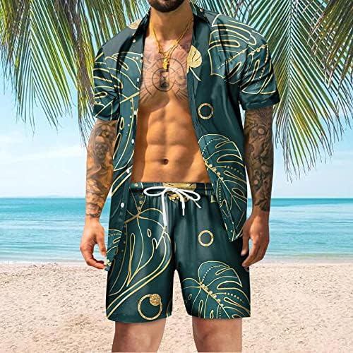 2 парчиња облека Облеки за мажи ја истегнуваат тропската хавајска кошула и кратки комплети модни празници мускулни маици костуми