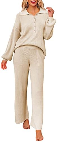 Розова Кралица женска облека Од 2 Парчиња Џемпер Комплет Копче Со Долги Ракави Плетен Пуловер Врвни Широки Панталони За Нозе Џебен