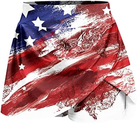4 -ти јули Американско знаме што работи здолништа со шорцеви за жени со високи половини, плетени проточни голф, 2 во 1 мини здолниште