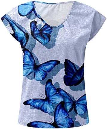 Памук со долги ракави, жени лето лето -лабава лабава краток ракав со низок врат на вратот, атлетска матичка за печатење на пеперутки