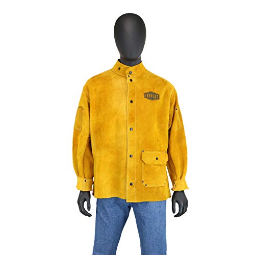 Ironcat 7005 отпорна на топлина Сплит кожна јакна - голема, Kevlar Thread зашиена јакна за заварување во златно жолта боја. Заварувачки брзини