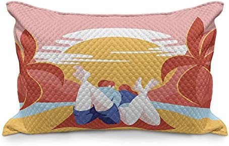 Амбесон плажа ватирана перница, шарена летна романтична цртана слика на млада двојка на песоци со палми океан, стандардна покривка за перница