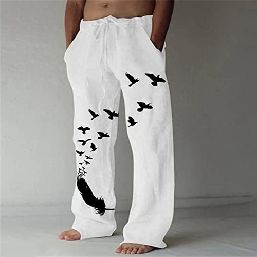 Панталони со широки нозе Машки птици печати памучни постелнини панталони обични јога панталони истегнете салон панталони плус