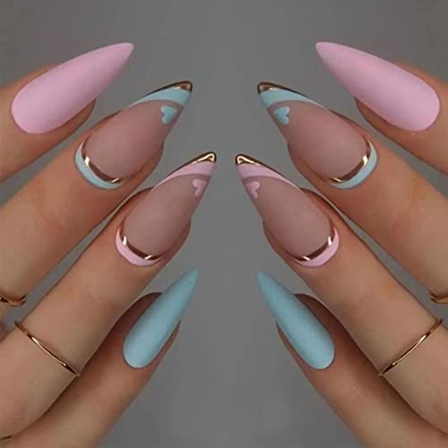 24 парчиња притиснете на нокти средна форма на бадем лажни нокти сини розови француски мат акрилик целосна покривка лажни нокти со лепак