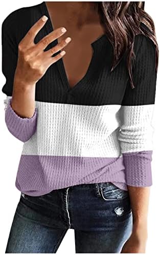Женски Долги Ракави Кошули Боја Блок Спојување Пуловери Лесни Блузи Против Вратот Лабави Обични Дуксери Врвови