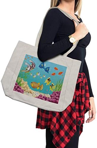 Амбесон подводна торба за купување, подводен пејзаж со разни водни растенија и егзотични риби печати, еко-пријателска торба за еднократна