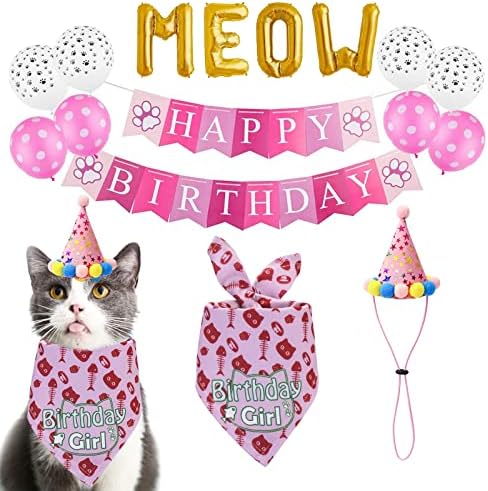 Tcboying Cat Роденденска бандана, мачка роденденска девојка со шалци со знаме со слатки кучиња за роденденски забави, материјали