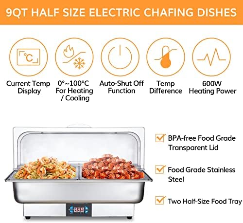 Electric Chafing Dish 9 QT Прилагодливо 0 ° C ~ 100 ° C ролна од горната половина големина Автоматско исклучување на сервери и затоплувачи на не'рѓосувачки