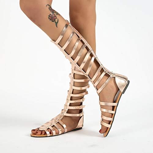 Женски ретро колено високо -токи ленти чизми сандали модни рамни римски сандали чевли