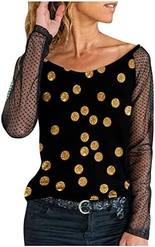 Женски врвови мрежи чиста кошули со долга ракав вратоврска боја печатени блузи, случајна лажичка вратот Елегантна маичка со кошула