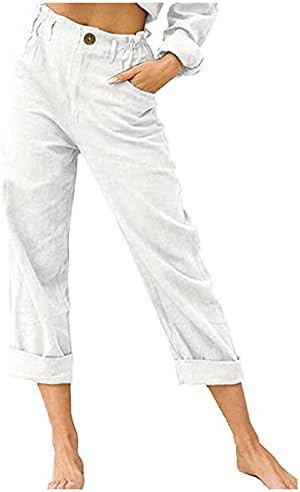 Памучни постелнини панталони за жени широка нога права обична плажа капри панталони летни тренинзи исечени панталони со џебови
