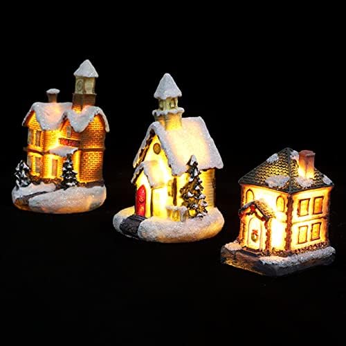 Besportble Home Decor Decor Christmas Collective Building Builders, XMAS LED осветлена селска куќа Десктоп украс мала зграда на селските фигурини,