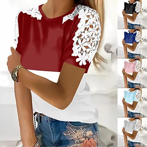Женски врвови летни модни чипка, капчиња со кратки ракави со кратки ракави кошули, обични фустани блузи, за жени кратки