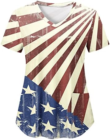 Сад Знаме Блуза за Жени 4 јули Лето Краток Ракав V-Вратот Маица Кошула со 2 Џебови Блузи Одмор Повик Работна Облека