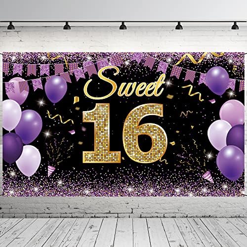 Слатка 16 роденденски украси Банер, среќен 16 -ти роденденски украси за девојчиња, злато виолетова слатка шеснаесет украси за забава,
