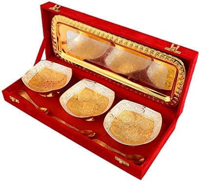 Сребрена и златна позлатена месинг плоштад во облик на садови поставени 7 компјутери за подарок на Дивали од индиски колекционерски колекционер