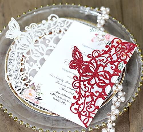 50 -тина сјајни ласерски исечени картички за свадбени картички со тантела со пеперутка и пликови за венчавка за невестински туш, свадба