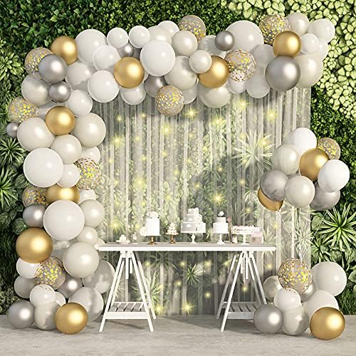 Ouddy Party Breath Balloon Grand Cope со жица светла Бела позадината завеса, сребрена бела и златна конфети бисери од латекс