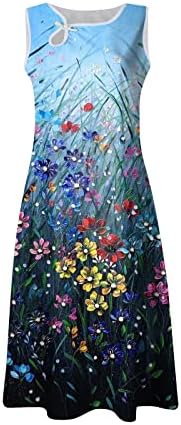Miashui средна должина фустан жени цвеќиња фустани без ракави маица миди фустан случајно лабава летни фустани за жени