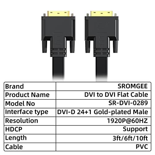 SROMGEE DVI Кабел 6Ft, DVI До DVI Рамен Дизајн Кабел Со Двојна Врска Машки До Машки Кабел За Компјутерски Монитор, DVI-D Конектор КОМПЈУТЕР