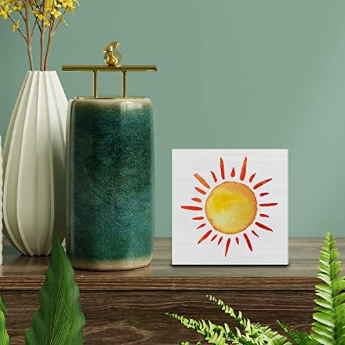 Земја сонце дрвена кутија знак за декорирање на декорирање акварели Сонцето Сонцето дрвена кутија блок знак рустикален домашен полицаец