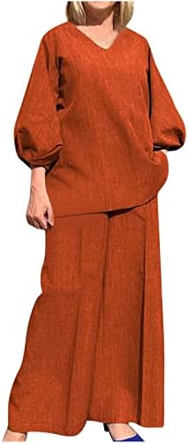 Rbculf женски пуловер врвови и панталони 2 парчиња поставени модни памучни постелнини со долги ракави лабава обична кошула широка костум за