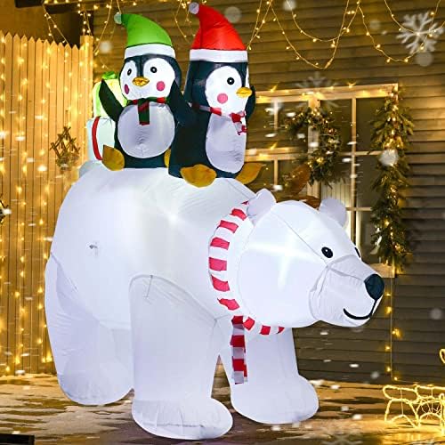 Драга куќа 7ft Божиќна поларна мечка со пингвин и подарок, 5 LED светла Божиќна празник разнесени семејни забави за декорација Јард тревник