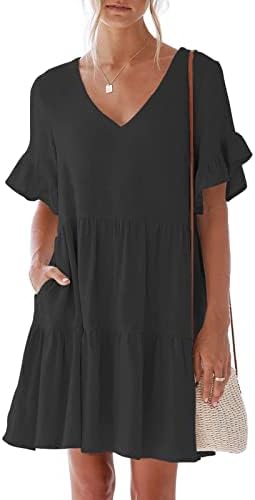 Фенси фустани за жени, женски обичен краток ракав надолу фустан летен џеб за џеб еластична половината А-линија за замав мини фустани