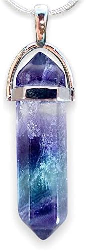 Накит Марка Природен флуорит скапоцен камен хексагонален двојна точка, приврзочни ѓердани кристални приврзоци со накит за лекување на ланец