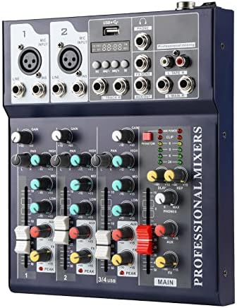 Аудио миксер Jindaaudio, миксер за звуци за стриминг, мешање на таблата конзола со DJ Mixer 4 канал, 48V Phantom Power Mixer,
