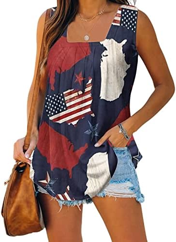 Pimoxv Flowy резервоарот врвови за жени 4 -ти јули патриотски кошули без ракави мода 2023 година Американско знаме за печатење на знамиња