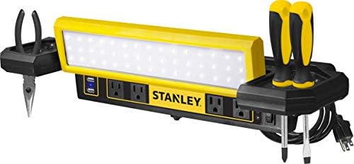 Стенли PSL1000S Прилагодлив 45 COB LED Workbench Light со наизменични места за напојување, двојни 2,1 AMP USB порти за полнење и складирање